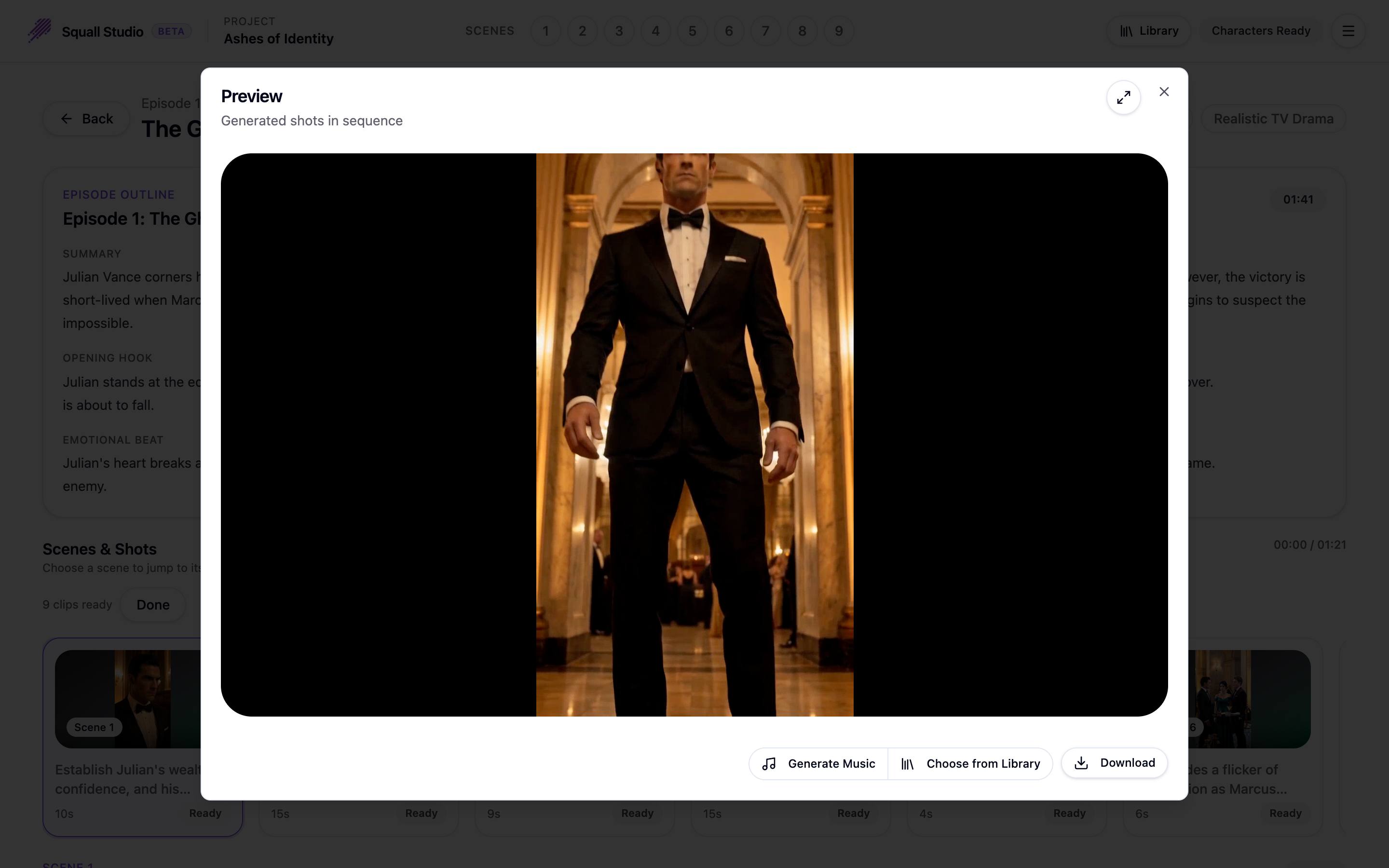 The whole episode playing in the Preview window after View Sequence, with Generate Music, Choose from Library and Download buttons.